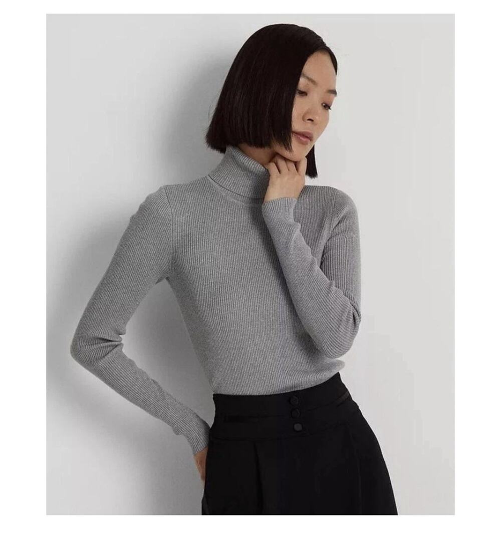 Lauren Ralph Lauren Silver Metallic Ribbed Pullover Turtleneck Sweater Petite L